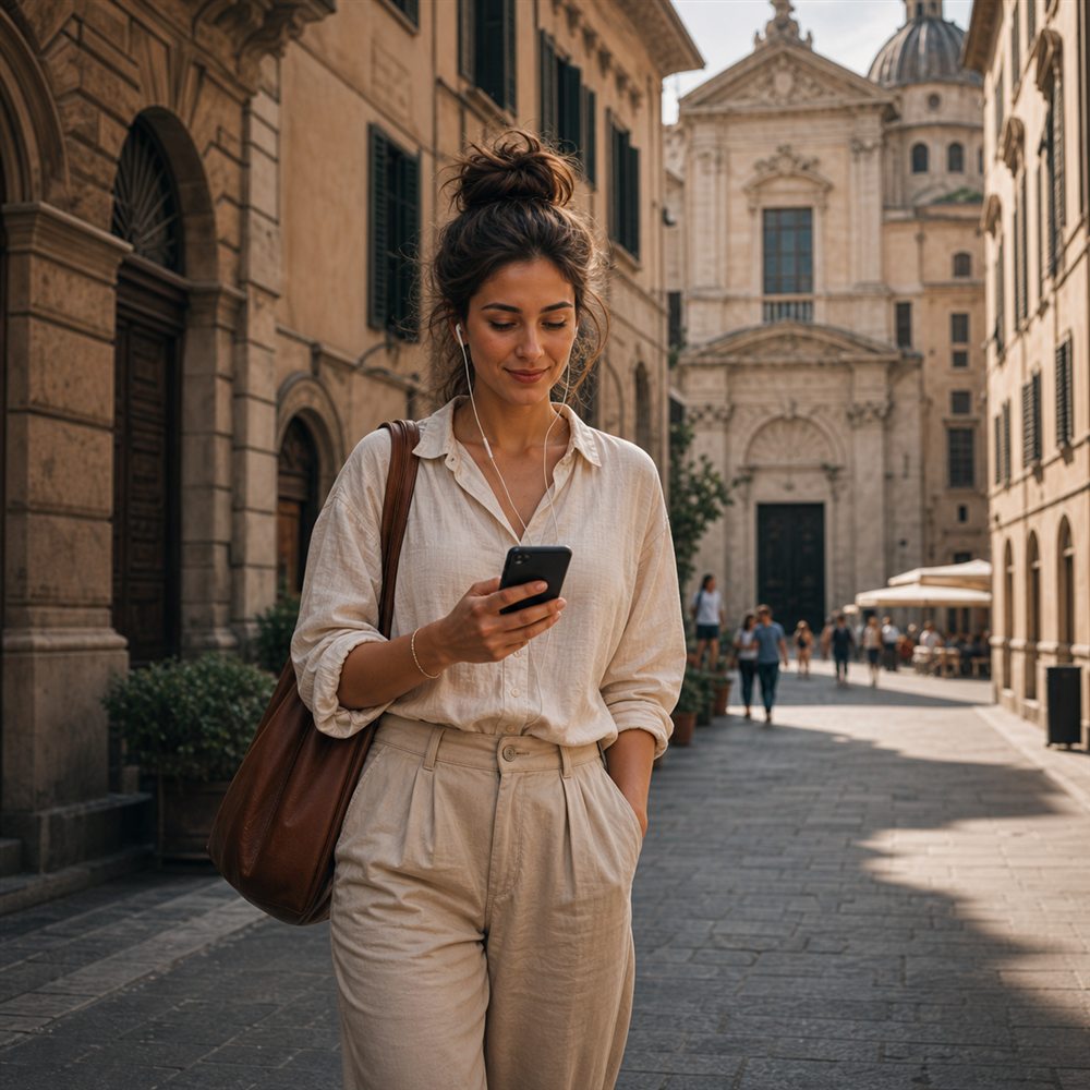 Viaggiatore che avvia una passeggiata audio su un telefono in una strada italiana
